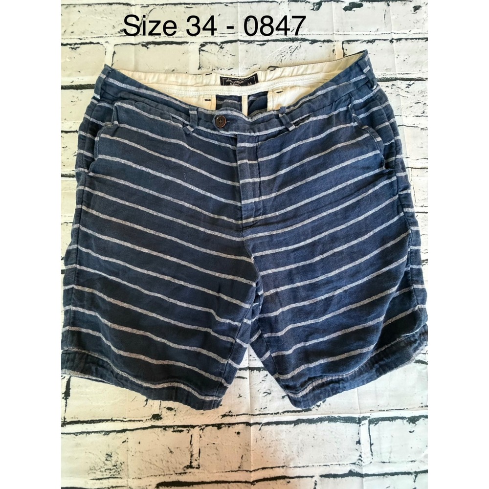 Abercrombie & Fitch Mens Striped Linen Blend Shorts Navy Blue White Size 34 0847